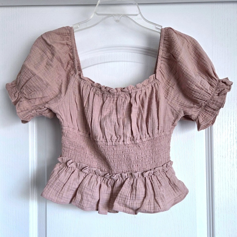 Miou Muse Women Dusty Rose Smocked Cotton Gauze Puff Sleeve Crop Top Sz S NWT